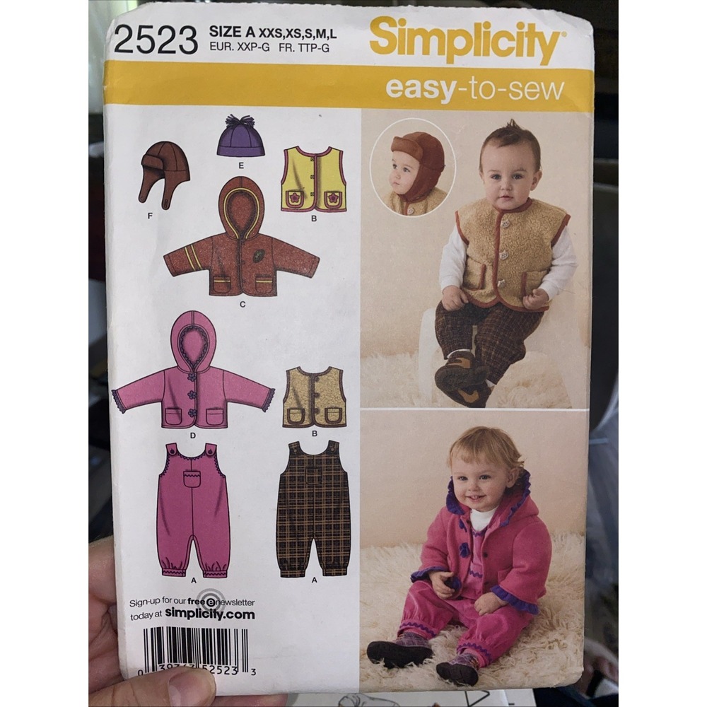 Simplicity 2523 Baby Overalls Jacket Vest Hats Sz XXS-L Newborn - 18 Months UC